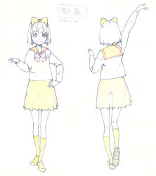 1girl arm_up blue_eyes bow bow_hairband bowtie check_copyright closed_mouth commentary_request copyright_request dated dot_nose eyelashes full_body graphite_(medium) hair_bow hairband hand_on_own_hip highres kneehighs limited_palette miniskirt original outstretched_arm pink_bow pink_bowtie pleated_skirt reference_sheet sailor_collar school_uniform serafuku shirt shiwasu_takashi shoes short_hair simple_background sketch skirt smile socks standing tareme traditional_media translation_request uwabaki white_background white_hair white_shirt yellow_bow yellow_hairband yellow_sailor_collar yellow_shoes yellow_skirt yellow_socks