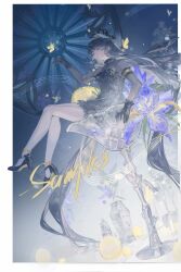 1girl absurdres arknights black_dress black_eyes black_gloves black_hair black_shoes black_sleeves blue_background border bottle broken_halo bug butterfly chinese_commentary commentary_request cup dress flower food fruit full_body gloves gradient_background halo hand_up highres in_container in_cup insect lemon lemon_slice lin_qing_(phosphorus_1104) long_hair long_sleeves purple_flower sample_watermark shoes sitting solo very_long_hair virtuosa_(arknights) virtuosa_(diversity_oneness)_(arknights) watermark wings yellow_butterfly