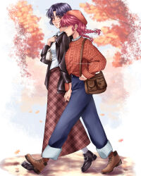 2girls artist_name autumn autumn_leaves bag belt beret black_hair braid brown_eyes commentary couple dappled_sunlight day english_commentary full_body fumiko_matsubara handbag hat highres holding holding_sword holding_weapon jacker leaf lips looking_at_another medium_hair multiple_girls outdoors pants ranma_1/2 red_hair saotome_ranma shirt shoes short_hair skirt sunlight sweater sword tendou_akane tile_floor tiles tree twin_braids walking weapon yuri