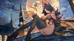 Rule 34 | 1girl, animal ears, artist name, bat (animal), bat ears, bat girl, black boots, black hair, black sleeves, boots, breasts, clock, clock tower, cloud, commission, detached sleeves, eunoia shira, fangs, full moon, hair over one eye, high heel boots, high heels, highres, indie virtual youtuber, large breasts, lips, long hair, moon, multicolored hair, necklesslee, pink hair, sitting, smile, solo, streaked hair, tower, virtual youtuber, yellow eyes