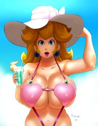 1girl absurdres arm_behind_head blonde_hair blue_eyes breasts cup curvy drinking_glass earrings female_focus hat highleg highres huge_breasts jewelry lips long_hair mario_(series) nail_polish navel nintendo outdoors pink_one-piece_swimsuit princess_peach slingshot_swimsuit solo speeds super_mario_bros._1 super_mario_odyssey swimsuit