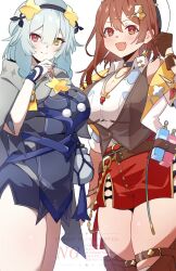 Rule 34 | 2girls, atelier (series), atelier ryza, black dress, blue hair, breasts, brown eyes, brown hair, cleavage, cowboy shot, dress, fang, hat, heterochromia, highres, kaninoko, large breasts, medium hair, multiple girls, open mouth, red eyes, reisalin stout, serri glaus, shirt, simple background, white background, white hat, white shirt, yellow eyes