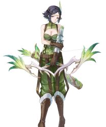 1girl argyle_clothes arm_guards black_eyes black_hair boots bow_(weapon) breasts brown_boots brown_gloves circlet cleavage cleavage_cutout clothing_cutout feather_hair_ornament feathers female_focus fire_emblem fire_emblem_awakening fire_emblem_heroes furrowed_brow gloves hair_ornament highres holding holding_bow_(weapon) holding_own_arm holding_weapon looking_at_viewer matching_hair/eyes medium_breasts nintendo noire_(fire_emblem) non-web_source official_art quiver short_hair single_arm_guard solo standing tachi-e weapon