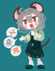 1girl absurdres ahoge animal_ears black_shoes black_skirt black_vest blush bottle commentary_request cookie_(touhou) egg flour full_body grey_hair highres jewelry long_sleeves looking_at_viewer melanin_shikiso milk_bottle mouse_ears mouse_girl mouse_tail nazrin necklace nyon_(cookie) open_mouth pendant red_eyes shirt shoes short_hair simple_background skirt smile solo standing tail touhou vest white_shirt