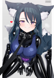 Rule 34 | 1girl, absurdres, animal ear fluff, animal ears, black bodysuit, black hair, bodysuit, breasts, collar, collarbone, glowing tattoo, grin, heart, highres, large breasts, latex, latex bodysuit, leash, long hair, looking at viewer, maguro27, original, pubic tattoo, purple eyes, school swimsuit, shiny clothes, sitting, skin tight, smile, solo, spoken heart, swimsuit, tail, tattoo, variant set, viewer holding leash, wariza