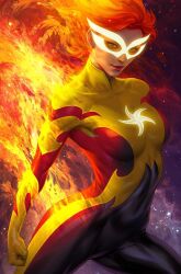 Rule 34 | 1girl, black bodysuit, bodysuit, breasts, clenched hand, covered navel, fire, firestar (marvel), glowing mask, highres, long hair, looking at viewer, marvel, medium breasts, orange hair, solo, stanley lau, superhero costume, two-tone bodysuit, yellow bodysuit