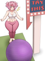 1girl ball bare_shoulders barefoot breasts doki_doki_literature_club english_text exercise_ball hair_ornament hairclip highres large_breasts natsuki_(doki_doki_literature_club) navel open_mouth pants pink_eyes pink_hair red_ribbon ribbon short_twintails simple_background thick_thighs thighs twintails white_background yoga_pants ytrall