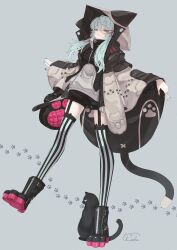 1girl absurdres animal_hood bag blue_eyes blue_hair boots cape cat echanis_enicha garter_straps grey_background hair_ribbon highres hood jacket long_hair original ribbon short_shorts shorts thighhighs