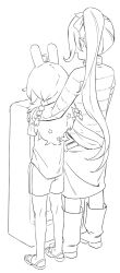 2girls agemmata ahoge animal_ears boots bow braid clothes_pull facing_away greyscale hair_bow hand_on_another&#039;s_shoulder kaminari_clara lineart long_hair long_sleeves monochrome multiple_girls open_mouth phase_connect pipkin_pippa rabbit_ears sandals shirt short_sleeves shorts side_ponytail skirt skirt_pull standing sweater toilet_use twin_braids urinal virtual_youtuber white_background