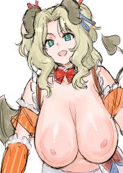 1girl absurdres blonde_hair breasts demon_tail demon_wings girls_und_panzer green_eyes highres kay_(girls_und_panzer) kuppipi_ramutarou large_areolae large_breasts looking_at_viewer nipples open_mouth solo tail wings