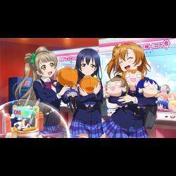 3girls :d ^_^ arcade ayase_eli bag bag_charm blazer blue_hair blue_jacket blue_skirt blush bow bowtie bread brown_eyes brown_hair character_doll charm_(object) closed_eyes cowboy_shot crane_game diagonal-striped_bow diagonal-striped_bowtie diagonal-striped_clothes doll dress_shirt food green_bow hair_between_eyes hair_bow hands_up holding holding_bag holding_doll hoshizora_rin hugging_doll hugging_object indoors jacket koizumi_hanayo kosaka_honoka long_hair long_sleeves looking_at_another looking_at_object looking_to_the_side love_live! love_live!_school_idol_project minami_kotori miniskirt multiple_girls nesoberi nishikino_maki official_art one_side_up onigiri open_mouth orange_hair otonokizaka_school_uniform plaid_clothes plaid_skirt pleated_skirt puchiguru_love_live! red_bow red_bowtie school_bag school_uniform shirt skirt smile sonoda_umi standing striped_clothes teeth upper_teeth_only white_shirt winter_uniform yazawa_nico yellow_bow yellow_eyes