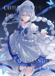 1girl blue_eyes bonnet dress frills hat highres lolita_fashion long_sleeves original solo tacfigure watermark white_hair