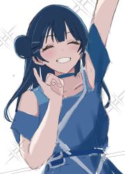 Rule 34 | 1girl, ^ ^, absurdres, aqours finale lovelive! ~eikyuu stage~, bare shoulders, blue choker, blue dress, blue hair, choker, closed eyes, clothing cutout, collarbone, commentary request, dress, eikyuu hours, facing viewer, grin, hair bun, hair ornament, hairclip, highres, long hair, love live!, love live! sunshine!!, official alternate costume, pinky out, short sleeves, shoulder cutout, simple background, single side bun, smile, solo, sparkle, sumireneko1231, tsushima yoshiko, upper body, white background
