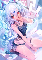 1girl absurdres animal_ears black_camisole black_shorts black_socks breasts camisole cleavage commentary_request fang hair_between_eyes highres kaamin_(mariarose753) kneeling long_hair looking_at_viewer medium_breasts open_mouth original red_eyes short_shorts shorts sitting socks solo thigh_strap two_side_up white_hair
