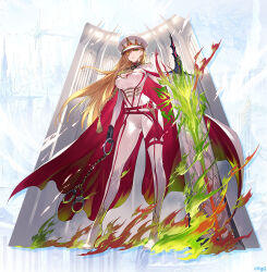 1girl black_gloves blonde_hair breasts cloak closed_mouth covered_navel cuffs dainsleif_(phantom_of_the_kill) fire full_body gloves green_eyes green_fire hair_over_one_eye handcuffs hat holding holding_handcuffs holding_sword holding_weapon huge_weapon large_breasts long_hair looking_at_viewer official_alternate_costume official_art orange_fire phantom_of_the_kill red_cloak second-party_source shibuhiko solo standing sword two-sided_cloak two-sided_fabric weapon white_cloak white_hat