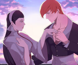 Rule 34 | black hair, charlyarts, fire emblem, fire emblem: three houses, gift, holding hands, jewelry, kagura chizuru, looking at another, priestess, red hair, ring, s support, snk, the king of fighters, yagami iori
