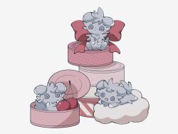 :o blush_stickers bow cherry container dot_nose espurr fang food fruit gen_6_pokemon grey_fur grey_tail highres in_container lying nintendo no_humans on_stomach open_mouth pokemon pokemon_(creature) pokemon_focus purple_eyes red_bow simple_background sitting smprfms white_background