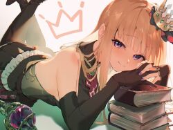 1girl arumu bare_shoulders black_bridal_gauntlets black_gloves blonde_hair bridal_gauntlets cagliostro_(granblue_fantasy) crown elbow_gloves eyes_visible_through_hair gloves granblue_fantasy highres long_hair looking_at_viewer lying on_stomach purple_eyes purple_nails sidelocks single_bridal_gauntlet single_glove skirt sleeveless smile solo twitter_username