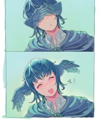 Rule 34 | 1girl, :o, ^ ^, blue background, blue hair, border, closed eyes, covered eyes, facing viewer, feathered wings, final fantasy, final fantasy xiv, head wings, highres, meteion, open mouth, peekaboo, renbaikuo, sequential, short bangs, short hair, smile, white border, wings, wings over eyes