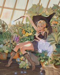 1girl arm_tattoo artist_logo black_camisole black_hat black_nails black_socks blonde_hair blue_flower camisole cat dated earrings flower full_body ghost greenhouse grin hat highres holding holding_phone holding_wand indoors jar jewelry logo long_hair looking_at_animal messy_hair miniskirt on_bench original outstretched_arm paw_print phone plant ponytail potted_plant purple_flower see-through_clothes see-through_socks simz sitting skirt smile socks solo tattoo tattoo_sleeve wand window witch witch_hat yellow_flower
