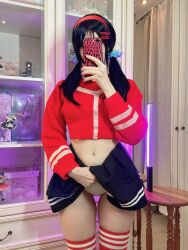 1girl cellphone female_pervert hair_ornament miniskirt mita_(miside) mita_(miside)_(cosplay) panties pervert phone presenting real_life selfie sexually_suggestive skirt solo underwear upskirt
