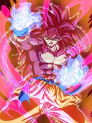 1boy aura body_fur cowboy_shot dragon_ball dragon_ball_daima highres male_focus monkey_tail muscular muscular_male orange_pants pants pink_eyes pink_fur pink_hair pink_tail solo son_goku super_saiyan super_saiyan_4 tail topless_male yamuchasiyagatte