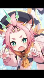 1girl animal_ear_fluff animal_ears animated black_headwear black_shorts blush cat_ears cat_girl cat_tail claw_pose commentary_request detached_sleeves diona_(genshin_impact) dress fangs female_focus forehead genshin_impact gloves green_eyes highres leaning_forward looking_at_viewer making-of open_mouth pink_hair screencap short_hair shorts sketch skin_fangs solo tagme tail topknot twitter_username uruha_(yw1109) video white_dress white_gloves