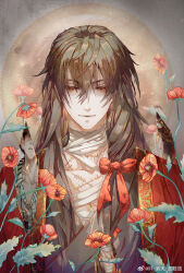 1boy bandaged_chest bandaged_neck bandages black_hair black_hanfu brown_hair chinese_clothes closed_mouth coat dao_gui_yi_xian different_reflection expressionless flower glass_shards hair_between_eyes hair_ribbon hanfu highres ji_zai leaf li_huowang long_hair looking_at_viewer low-tied_sidelocks male_focus official_alternate_hairstyle plant r-jiutian red_coat red_eyes red_flower red_ribbon reflection ribbon scar scar_on_chest scar_on_neck shards sidelocks solo upper_body watermark weibo_watermark