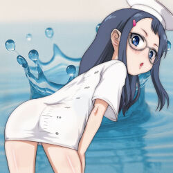 1girl ass bent_over black_hair blue_eyes blush clothes_writing from_behind glasses graduated_cylinder-chan_(t_jiroo) hair_ornament hairclip hands_on_own_thighs hat loli long_hair looking_at_viewer looking_back measuring_cylinder mortarboard open_mouth original oversized_clothes oversized_shirt personification print_shirt pun shirt short_sleeves standing t_jiroo_(ringofriend) test_tube water white_hat white_shirt