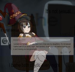 1girl anonymous_(4chan) artist_request bandaged_leg bandages brown_hair choker colorized dark dress english_text expressionless eye_reflection feet_out_of_frame hat imagine_(meme) indoors computer_keyboard kono_subarashii_sekai_ni_shukufuku_wo! megumin meme monitor computer_mouse red_dress red_eyes reflection short_hair_with_long_locks single_thighhigh sitting solo staff sunglasses thighhighs tumblr witch_hat