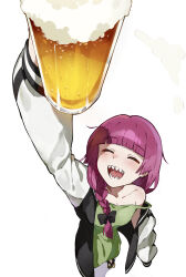 Rule 34 | 1girl, :d, absurdres, alcohol, beer, beer mug, blunt bangs, blush, bocchi the rock!, bow, braid, closed eyes, commentary request, cup, dress, ehum3588, from above, geta, green dress, hair bow, highres, hiroi kikuri, holding, holding cup, jacket, long hair, long sleeves, mug, multicolored jacket, open clothes, open jacket, open mouth, purple hair, sharp teeth, single braid, smile, solo, standing, teeth, two-tone jacket, white background