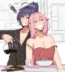 2girls absurdres ahoge bare_shoulders black_shirt breasts camisole cereal cleavage closed_eyes coffee_mug coffee_pot commentary cup drooling elf elysia_(honkai_impact) english_commentary high_ponytail highres honkai_(series) honkai_impact_3rd hoyolab_username large_breasts long_hair mug multiple_girls open_mouth pink_hair plate pointy_ears ponytail raiden_mei red_camisole shirt sleeping sleepy_kaslana spilling table