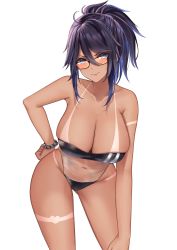 1girl absurdres bead_bracelet beads bikini_tan black_hair blue_hair blush bracelet breasts dark-skinned_female dark_skin gris_swimsuit hand_on_thigh highres indie_virtual_youtuber jewelry kson large_breasts leaning_forward lips long_hair looking_at_viewer looking_over_eyewear looking_over_glasses meme_attire multicolored_hair nyctea_snow one-piece_swimsuit orange-tinted_eyewear orange-tinted_glasses souchou streaked_hair sunglasses swimsuit tan tanline thighs tinted_eyewear virtual_youtuber white_background