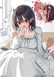 2girls ahoge arm_support armpit_crease artist_name assertive_female bed bedroom black_hair black_horns black_ribbon black_shirt blanket blue_cardigan blush breasts brown_hair cardigan character_pillow cleavage closed_eyes collar collarbone collared_shirt commentary_request curtains day demon_horns diary dot_nose double-parted_bangs ear_blush eguchi-san_chi_no_junjou_succubus eguchi_hibiki eyelashes frilled_collar frilled_sleeves frills hair_between_eyes hair_over_shoulder hand_up heart highres horns image_in_thought_bubble indoors kudo_eru large_breasts long_bangs long_hair long_sleeves lower_teeth_only lying messy_hair multiple_girls neck_ribbon nightgown nose_blush on_side open_mouth purple_eyes raised_inner_eyebrows red_eyes ribbon saliva scoop_neck shirt sideways_mouth sitting sleeping sleeveless sleeveless_shirt small_horns speech_bubble straight_hair sweat teeth thought_bubble translation_request under_covers wavy_eyebrows white_nightgown white_shirt window yozaki_mia yuri