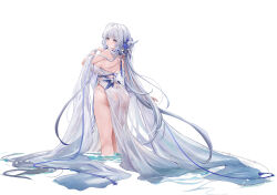 1girl absurdres ahoge alternate_costume ass azur_lane back banchiyuebai bare_shoulders blue_eyes blue_flower blush breasts closed_mouth commentary_request dress flower from_behind hair_flower hair_intakes hair_ornament highres illustrious_(azur_lane) kneepits large_breasts long_hair looking_at_viewer looking_back mole mole_under_eye see-through_clothes see-through_dress shawl simple_background smile solo standing tassel thighs very_long_hair wading wet wet_clothes wet_dress white_background white_dress white_hair white_shawl