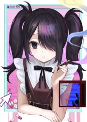 1girl absurdres ame-chan_(needy_girl_overdose) black_eyes black_hair black_nails black_ribbon cigarette copyright_name covered_eyes cursor error_message hair_ornament hair_over_one_eye highres holding holding_cigarette kkamkkam long_hair looking_at_viewer multicolored_nails nail_polish neck_ribbon needy_girl_overdose parted_lips pill red_nails red_shirt ribbon ringed_eyes shirt skirt smoke smoking solo suspender_skirt suspenders swept_bangs twintails upper_body window_(computing) x_hair_ornament