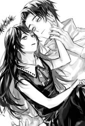 1boy 1girl 99round closed_mouth cowboy_shot dress greyscale hand_on_another&#039;s_face hand_up highres jacket jewelry jujutsu_kaisen long_hair looking_at_another looking_at_viewer mole mole_under_eye monochrome neck_ribbon okkotsu_yuuta open_mouth orimoto_rika ribbon ring short_hair sitting sleeveless sleeveless_dress smile