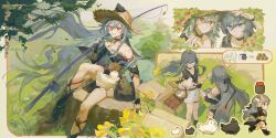2girls ? animal animal_on_head bird bird_on_head black_boots black_choker black_ribbon black_shirt blue_eyes boots box chicken chinese_commentary choker coin commentary_request fishing_rod fu_hua fu_hua_(night_squire) fu_hua_(rustic_noir) hair_ribbon hat herrscher_of_sentience holding holding_fishing_rod honkai_(series) honkai_impact_3rd jar long_hair multiple_girls on_head open_mouth partial_commentary red_eyes ribbon shirt shorts sitting sitting_on_tree_stump sleeveless sleeveless_shirt smile very_long_hair white_shorts xiaoxiaoanye