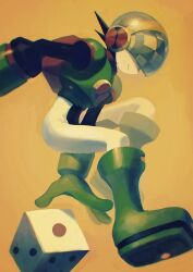 1boy covered_eyes dice helmet highres klenschheim male_focus mega_man_(series) mega_man_battle_network_(series) megaman.exe numberman.exe smile solo yellow_background