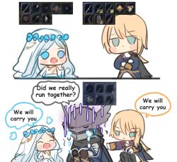 2girls blonde_hair blue_eyes blush brother_and_sister cape closed_mouth dress duchess_(elden_ring) elden_ring elden_ring_nightreign flower green_eyes head_wreath helmet highres long_hair multiple_girls pun-rii revenant_(elden_ring) siblings veil weapon white_dress white_hair white_veil wylder_(elden_ring)