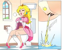1girl anus bar_censor bathroom blonde_hair blush bow bow_panties breasts breath censored cleft_of_venus clothes_lift cloud crown dangerking11 dress dress_lift closed_eyes high_heels highres large_breasts long_hair mario_(series) navel nintendo open_mouth panties panty_pull peeing pink_dress princess princess_peach pubic_hair puffy_sleeves pussy red_footwear relief shoes short_sleeves sitting sky super_mario_bros._1 toilet toilet_paper toilet_use underwear wall white_panties window