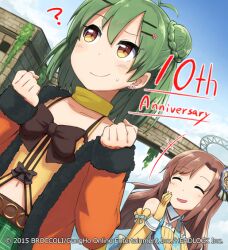 2girls ^_^ antenna_hair arche_alma bare_shoulders belt blonde_hair blue_necktie breasts brown_ribbon closed_eyes elbow_gloves emil_chronicle_online gloves green_hair green_skirt hair_bun hair_ornament hairclip halo jacket kirigaya_yuuji logo midriff moran_alma multiple_girls navel necktie official_art open_clothes open_jacket open_mouth orange_jacket ribbon skirt small_breasts yellow_eyes yellow_gloves