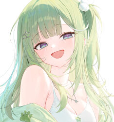 Rule 34 | 1girl, bare shoulders, blunt bangs, breasts, cleavage, green hair, hair ornament, highres, huhi (huhi 1211), jewelry, long hair, looking at viewer, multicolored eyes, necklace, off shoulder, open mouth, pom pom (clothes), pom pom hair ornament, simple background, smile, solo, stellive, upper body, virtual youtuber, white background, yuzuha riko