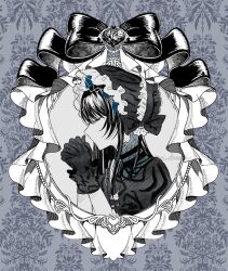 1girl ado_(utaite) aishite_aishite_aishite_(vocaloid) black_bow black_hair blue_flower blue_rose bonnet bow chando_(ado) closed_eyes commentary flower hashtag-only_commentary highres interlocked_fingers long_hair own_hands_clasped own_hands_together oyashirazu_(adochan_daisuki) rose short_sleeves sidelocks solo upper_body utaite