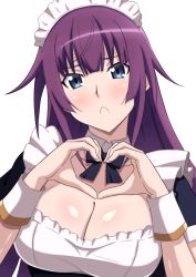 Rule 34 | 1girl, absurdres, alternate costume, black bow, black bowtie, blue eyes, blush, bow, bowtie, breasts, enmaided, frills, frown, furrowed brow, hands up, heart, heart hands, highres, kakukakusan, long hair, looking at viewer, maid, maid headdress, medium breasts, monogatari (series), purple hair, senjougahara hitagi, simple background, solo, upper body, very long hair, white background, wrist cuffs