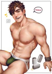 1boy abs alex_(stardew_valley) arm_support artist_name bara blush brown_eyes brown_hair bulge can character_name chinese_commentary collarbone commentary_request drink_can feet_out_of_frame green_male_underwear greenteaa highres jewelry jockstrap looking_at_viewer male_focus male_underwear muscular muscular_male necklace nipples open_mouth parted_bangs pectorals short_hair simple_background smile soda soda_can solo speech_bubble spoken_blush stardew_valley teeth thick_eyebrows thighs topless_male underwear upper_teeth_only white_background wristband