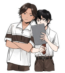 2boys :/ akazawa_yoshirou belt black_hair brown_eyes brown_hair brown_pants clipboard coincoinco collared_shirt covering_own_mouth cropped_legs crossed_arms dark-skinned_male dark_skin diagonal-striped_clothes diagonal-striped_necktie expressionless facing_viewer fingernails hair_between_eyes holding holding_clipboard leaning_to_the_side looking_at_viewer male_focus mizuki_hajime multiple_boys narrowed_eyes necktie pale_skin pants parted_bangs partially_unzipped pointing pointing_at_viewer red_necktie school_uniform shirt shirt_tucked_in short_hair short_sleeves side-by-side simple_background sportswear striped_clothes tennis_no_ouji-sama tennis_uniform v-shaped_eyebrows wavy_hair whispering white_background wispy_bangs