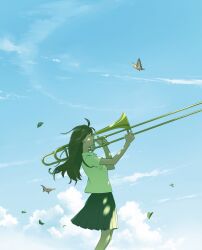 Rule 34 | 1girl, black skirt, blue sky, bug, butterfly, closed eyes, cloud, commentary request, dappled sunlight, falling leaves, from side, highres, insect, instrument, leaf, long hair, music, original, outdoors, playing instrument, pleated skirt, shirt, short sleeves, skirt, sky, solo, sunlight, taizo (taizo 03), trombone, white shirt, wind
