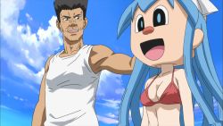 Rule 34 | 1girl, beach, bikini, blue hair, blue sky, breasts, cleavage, cosplay, covered face, covering face, faceless, faceless female, father and daughter, highres, kigurumi, mask, medium breasts, midriff, mr. tokita, navel, neck, pale skin, red bikini, screencap, shinryaku! ikamusume, shirt, sky, swimsuit, tentacles, tokita ayumi, white shirt