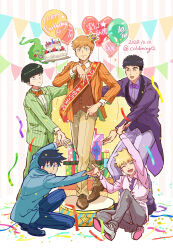 5boys :d arm_behind_back arms_up balloon birthday birthday_cake black_eyes black_hair blonde_hair blue_jacket blue_pants blueberry blunt_bangs blush_stickers bow bowtie box box_stack brown_pants brown_shoes brown_vest buttons cake chinese_commentary chinese_text closed_eyes closed_mouth coldming12 collared_shirt commentary_request confetti crown dated dress_pants dress_shirt dress_shoes ekubo_(mob_psycho_100) food formal_clothes fruit full_body gift gift_box green_jacket green_suit grey_pants grin hanazawa_teruki happy_birthday heart heart_balloon highres holding holding_cake holding_food jacket kageyama_ritsu kageyama_shigeo knee_up lapels layered_clothes long_sleeves looking_at_another looking_at_viewer looking_back male_focus mini_crown mob_psycho_100 multiple_boys necktie notched_lapels open_clothes open_jacket open_mouth orange_bow orange_bowtie orange_jacket orange_necktie outstretched_arms pants peaked_lapels pennant pink_jacket pink_shoes platform presenting purple_bow purple_bowtie purple_jacket purple_lips purple_necktie purple_pants purple_shirt red_sash reigen_arataka sash serizawa_katsuya shirt shoelaces shoes short_hair shoulder_sash smile spiked_hair spirit squatting standing star_(symbol) strawberry striped_background striped_clothes striped_jacket striped_pants suit tailcoat twitter_username v vertical-striped_background vertical-striped_clothes vertical-striped_jacket vertical-striped_pants vest white_shirt white_shoes white_vest wing_collar wingtip_collar